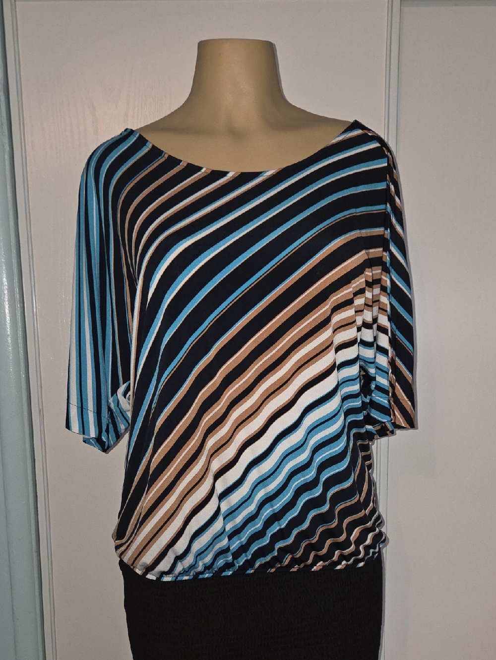 Worthington Diagonal Stripe Boatneck Top in Blue, Black & Tan